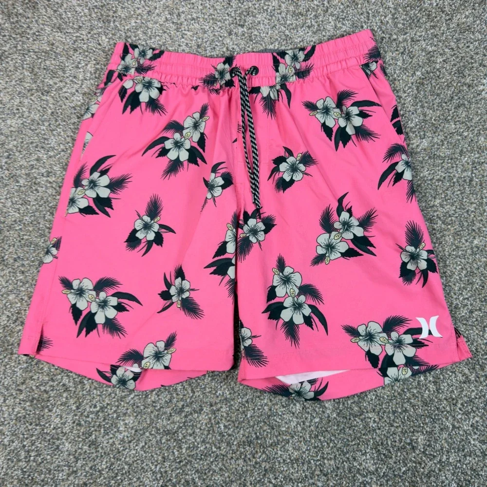 Hurley Mens Pink Hibiscus Tropical Floral Swim‎ Trunks Board Shorts Medium Beach